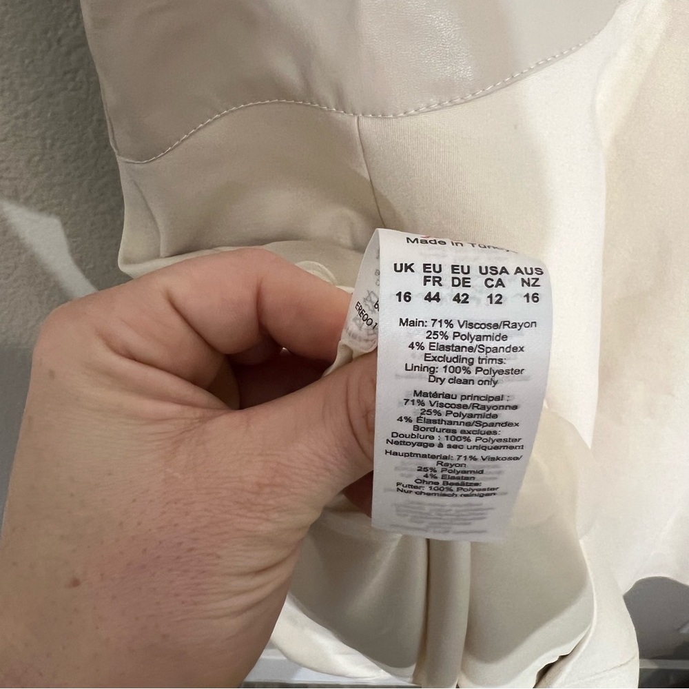 NWT Karen Millen Ponte Faux leather A line flippy mini dress 12 Tall beige - Picture 13 of 13